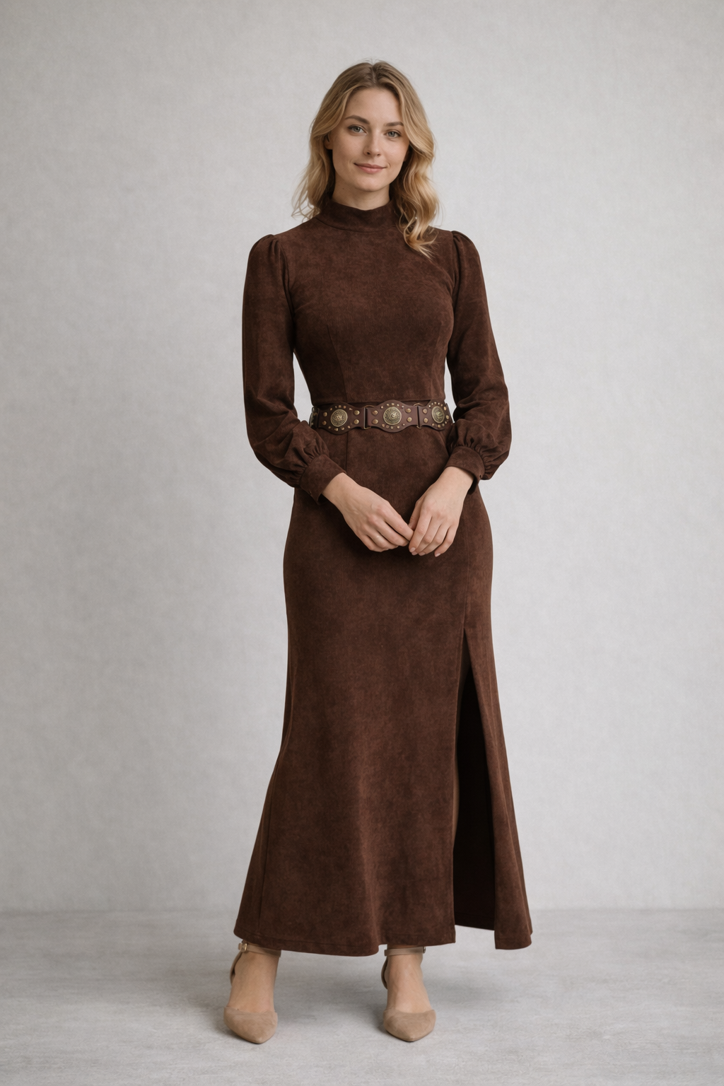 Retro long-sleeve maxi dress with semi-high collar and included belt