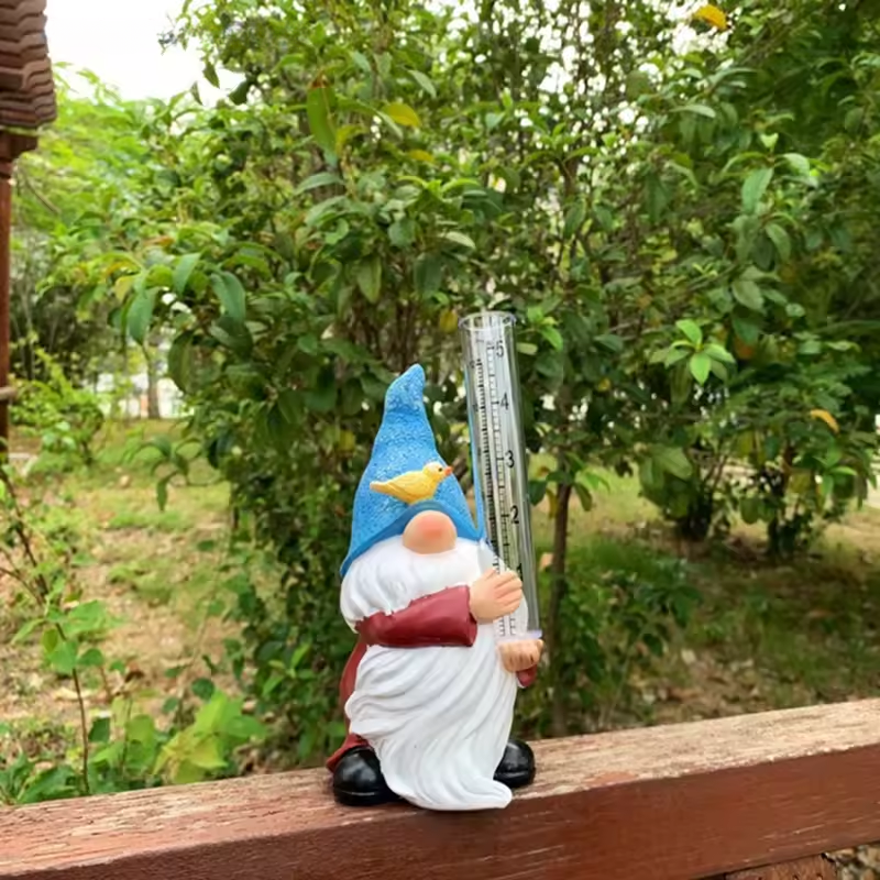 Soraya - Charming Gnome Garden Statue with Rain Gauge Made of Resin for Enchanting Garden Decoration