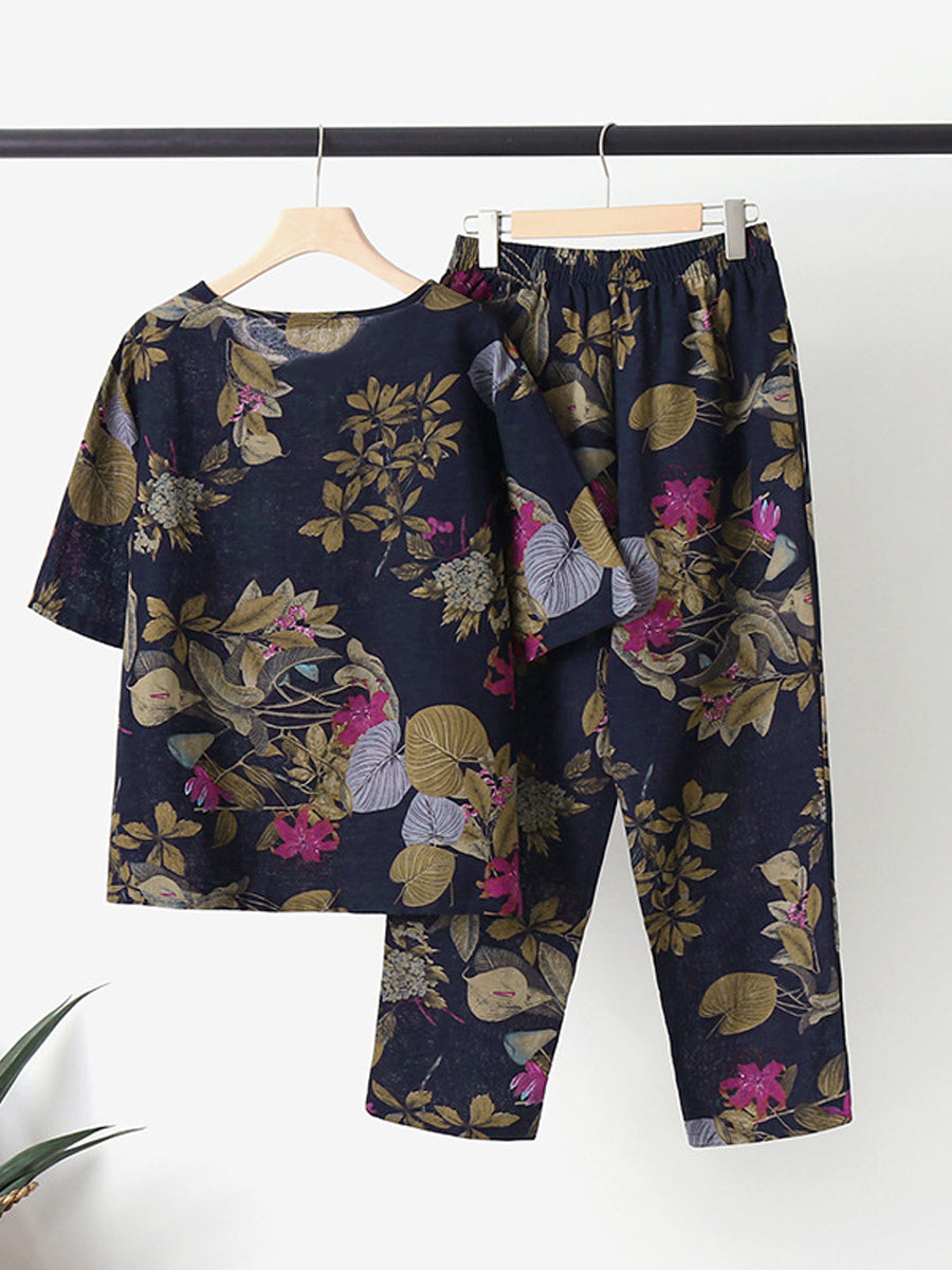 Two-Piece Floral Print Set with Round Neck