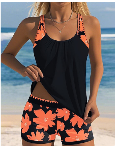 Ellen | Floral-Print Tank Top Swimsuit Set with Matching Boxer Shorts