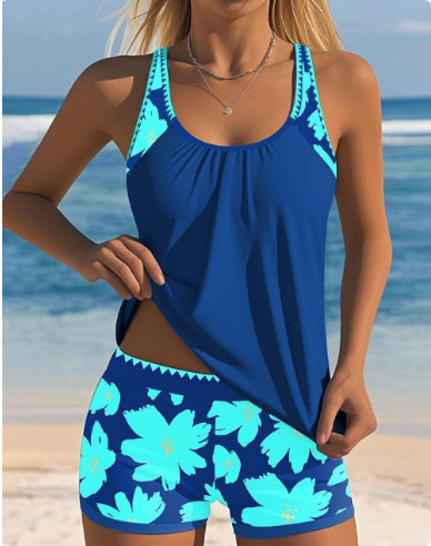 Ellen | Floral-Print Tank Top Swimsuit Set with Matching Boxer Shorts