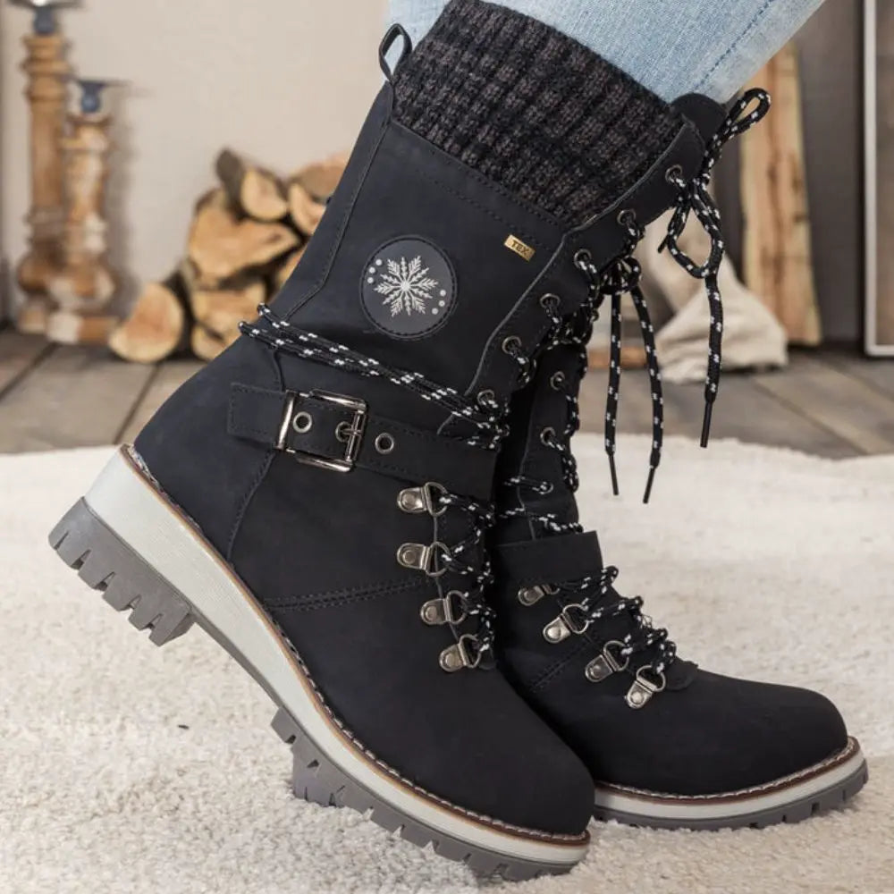 Women's Winter Lace-Up Snow Boots with Knit Cuff & Buckle - Secure Fit and Anti-Slip Sole
