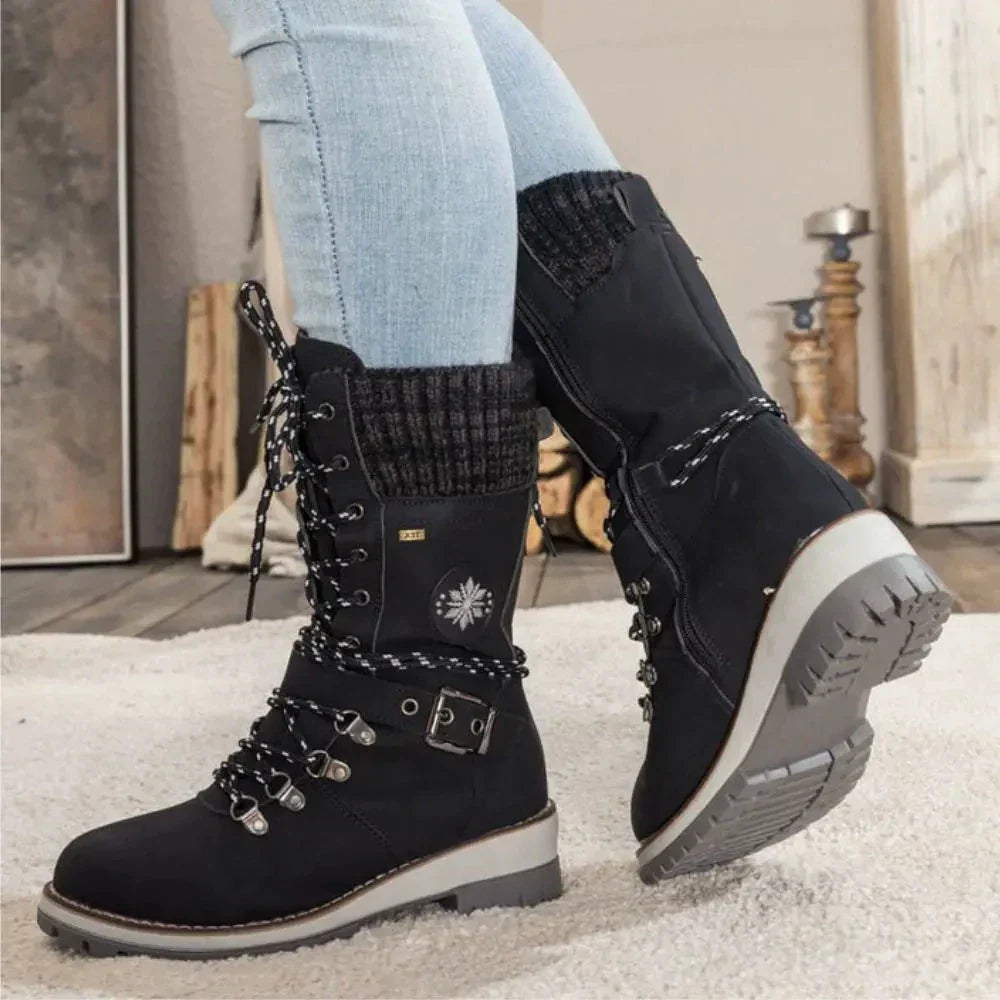 Women's Winter Lace-Up Snow Boots with Knit Cuff & Buckle - Secure Fit and Anti-Slip Sole