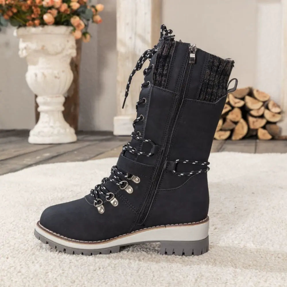 Women's Winter Lace-Up Snow Boots with Knit Cuff & Buckle - Secure Fit and Anti-Slip Sole