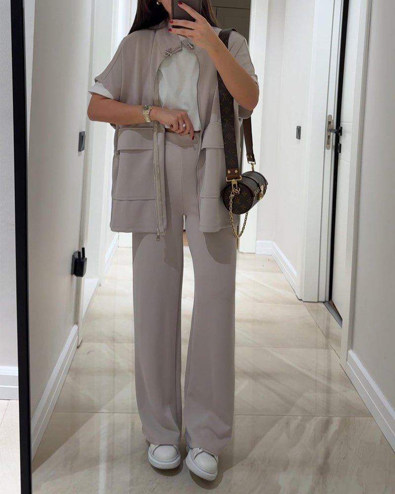 Elegant ensemble with trendy top and stretch waistband pants for a perfect look