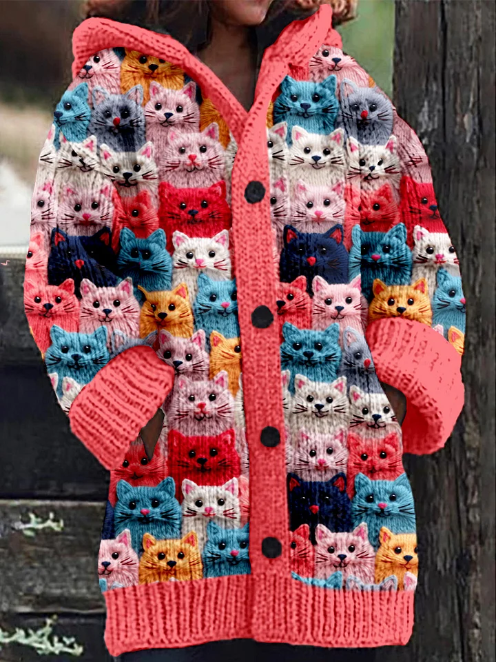 Cozy Women's Hooded Cardigan with a Colorful Cat Print
