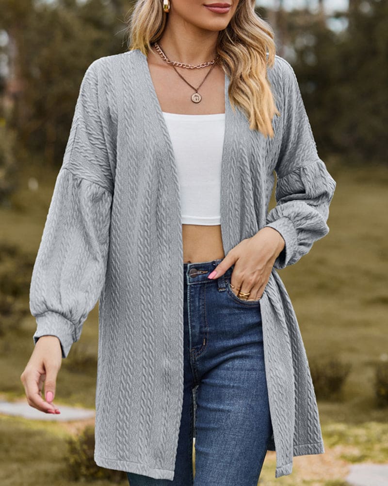 Women's Open-Front Cardigan in Textured Knit, Dramatic Long Voluminous Sleeves, Mid-Thigh Length