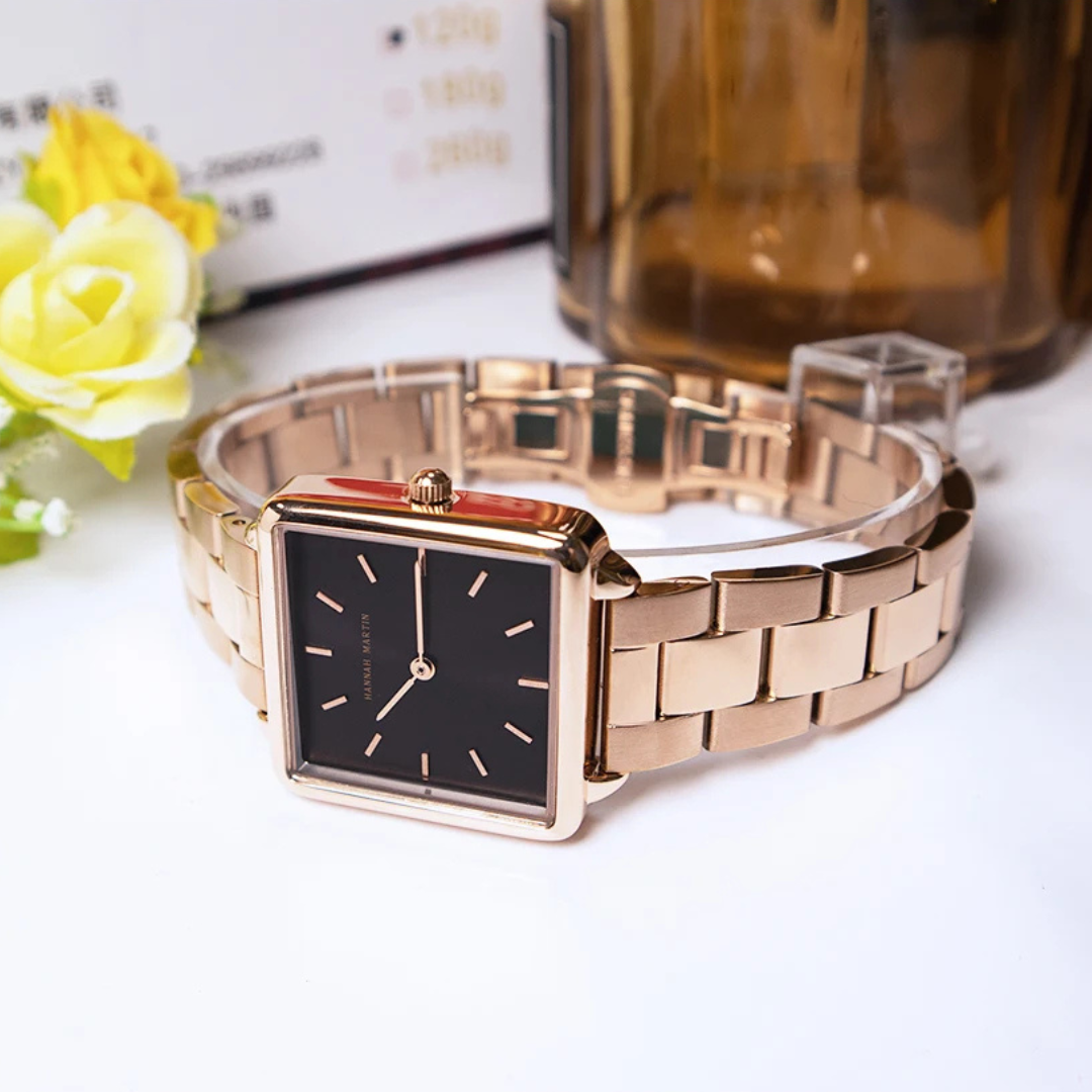 Square Quartz Watch with Stainless Steel Case and Elegant Rose Gold Design