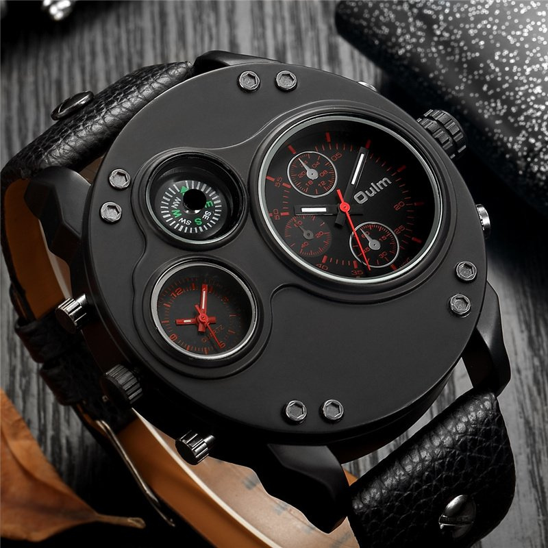 Elegant Black Leather Chronograph Watch with Dual Time Zones