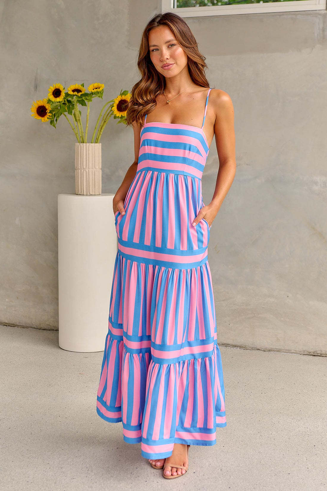 Marisol Striped Maxi Dress with Adjustable Straps and Convenient Pockets