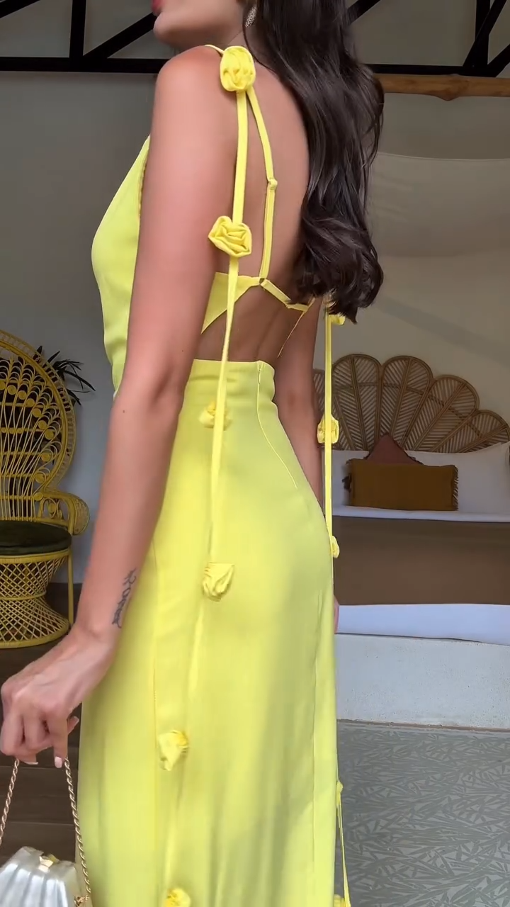 Elegant Maxi Backless Dress with Straps, Floral Design, and Halter Cover