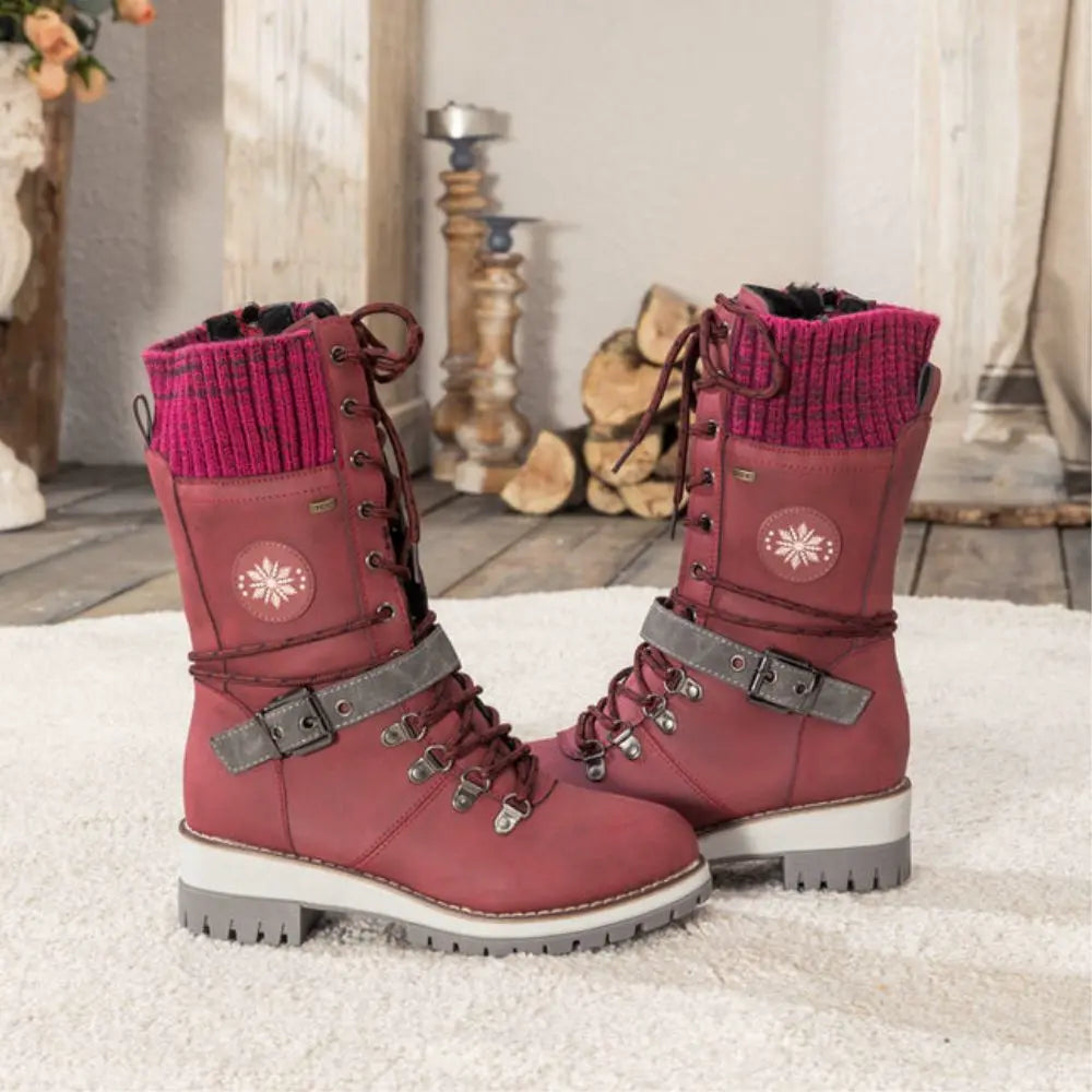 Women's Winter Lace-Up Snow Boots with Knit Cuff & Buckle - Secure Fit and Anti-Slip Sole