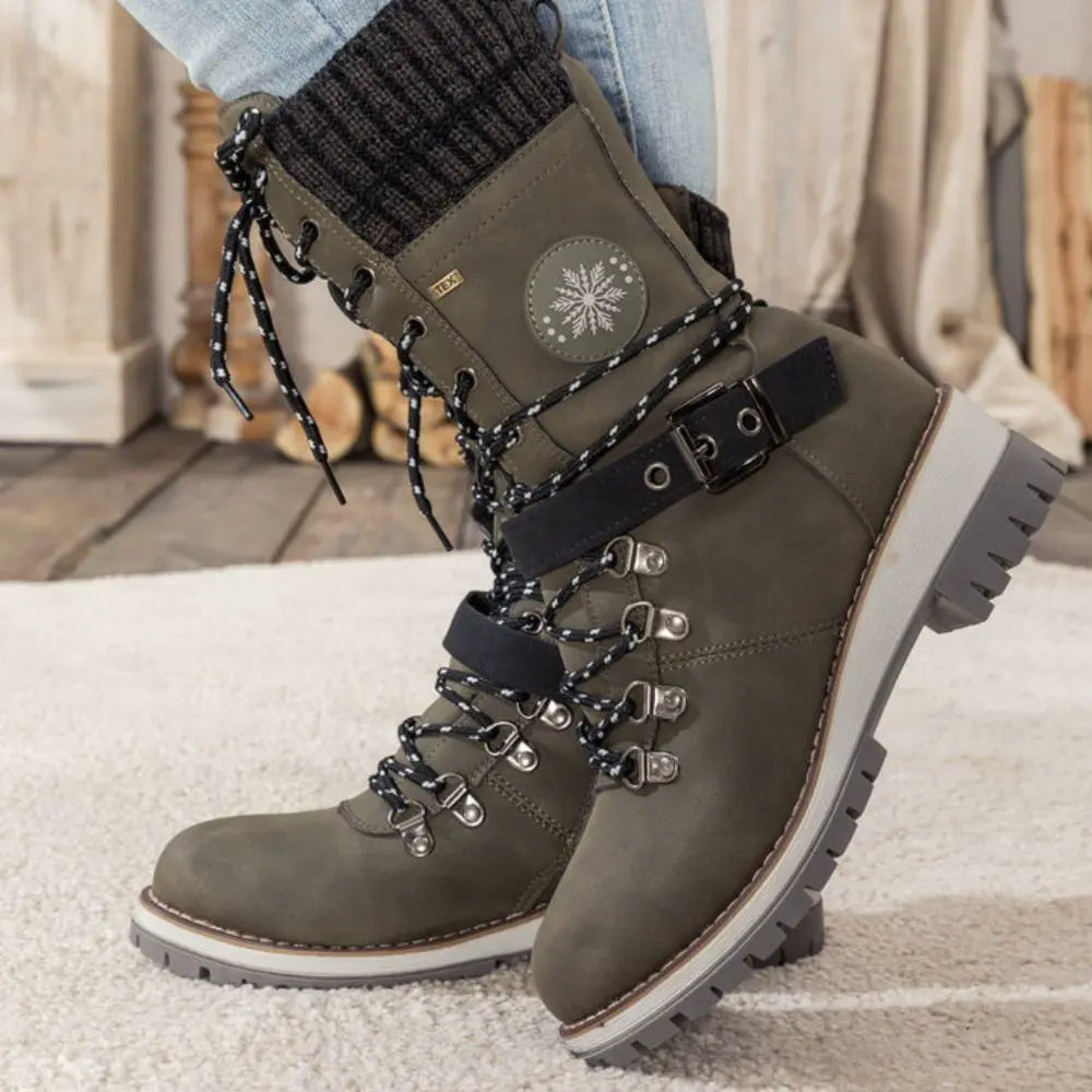 Women's Winter Lace-Up Snow Boots with Knit Cuff & Buckle - Secure Fit and Anti-Slip Sole
