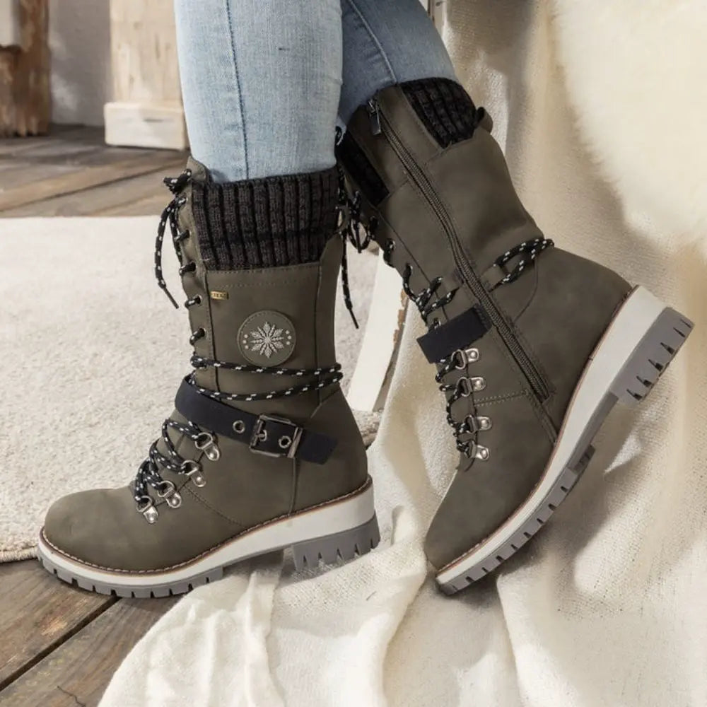 Women's Winter Lace-Up Snow Boots with Knit Cuff & Buckle - Secure Fit and Anti-Slip Sole