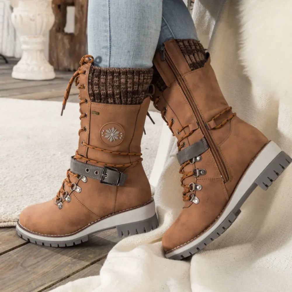 Women's Winter Lace-Up Snow Boots with Knit Cuff & Buckle - Secure Fit and Anti-Slip Sole
