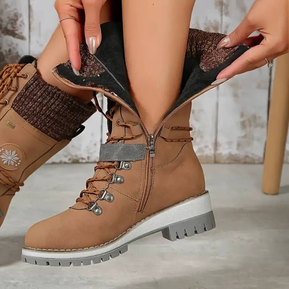 Women's Winter Lace-Up Snow Boots with Knit Cuff & Buckle - Secure Fit and Anti-Slip Sole