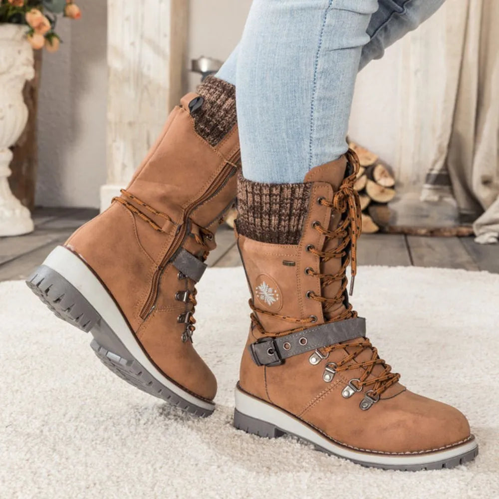 Women's Winter Lace-Up Snow Boots with Knit Cuff & Buckle - Secure Fit and Anti-Slip Sole