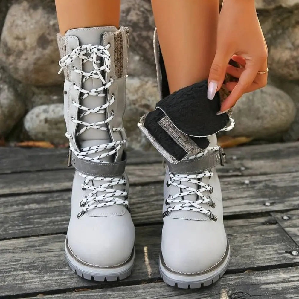 Women's Winter Lace-Up Snow Boots with Knit Cuff & Buckle - Secure Fit and Anti-Slip Sole