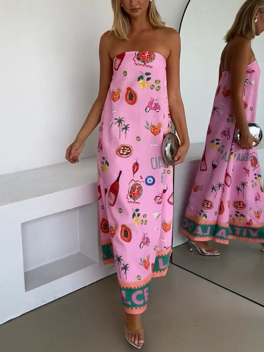 Pink Tube Summer Dress with Vacation Print for a Casual and Trendy Style