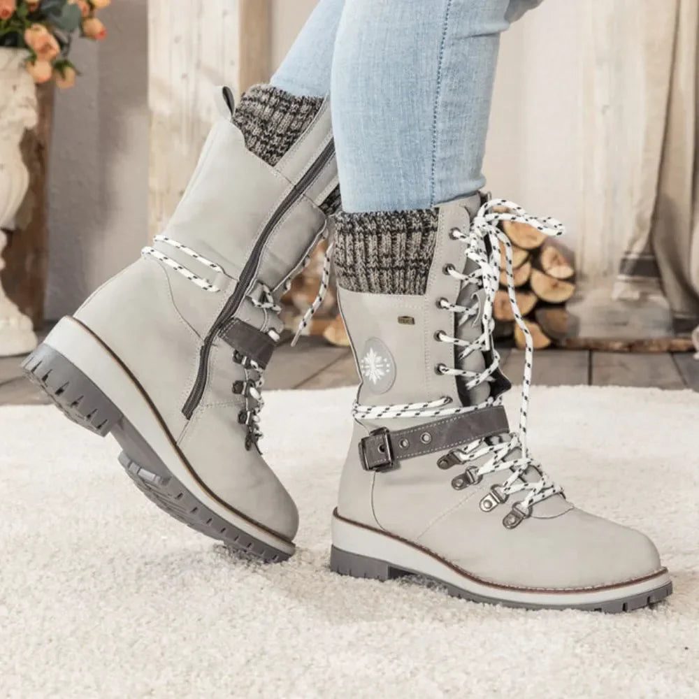 Women's Winter Lace-Up Snow Boots with Knit Cuff & Buckle - Secure Fit and Anti-Slip Sole
