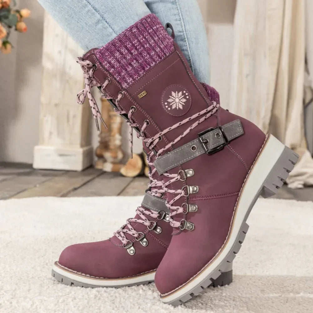 Women's Winter Lace-Up Snow Boots with Knit Cuff & Buckle - Secure Fit and Anti-Slip Sole