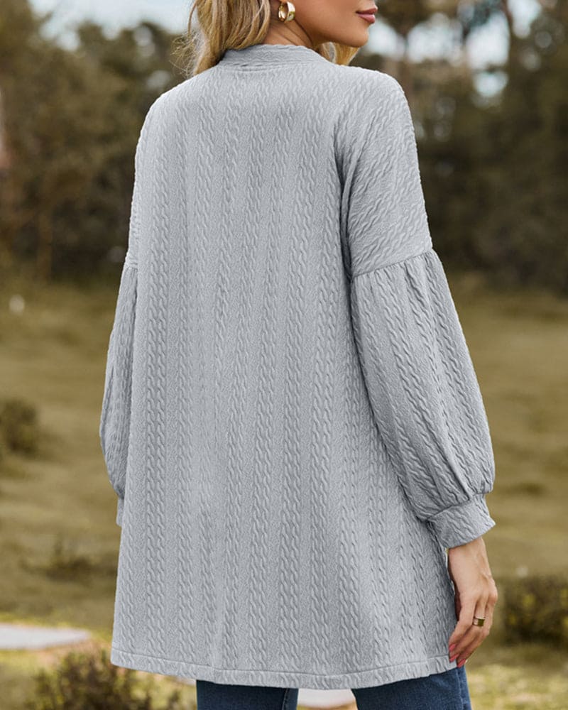 Women's Open-Front Cardigan in Textured Knit, Dramatic Long Voluminous Sleeves, Mid-Thigh Length