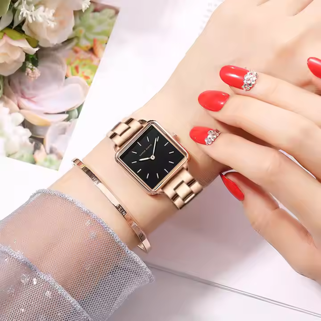 Square Quartz Watch with Stainless Steel Case and Elegant Rose Gold Design