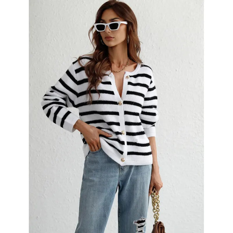 Women's Striped Button-Front Cardigan for Effortless Classic Casual Style