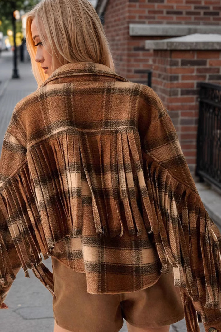 Plaid Fringed Wool Crop Jacket with Chic Elegance and Comfort