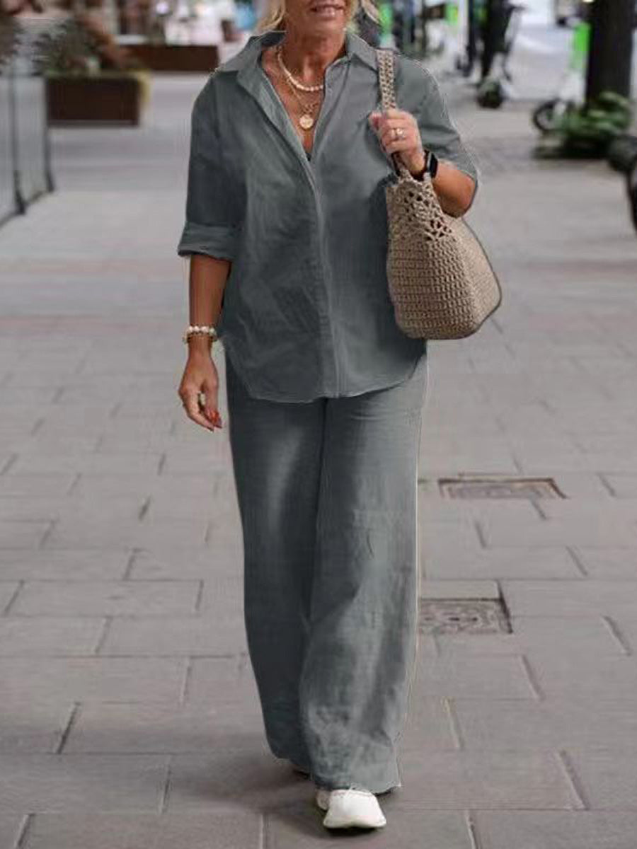 Two-Piece Set with Shirt and Long Sleeve Top and Elegant Pants