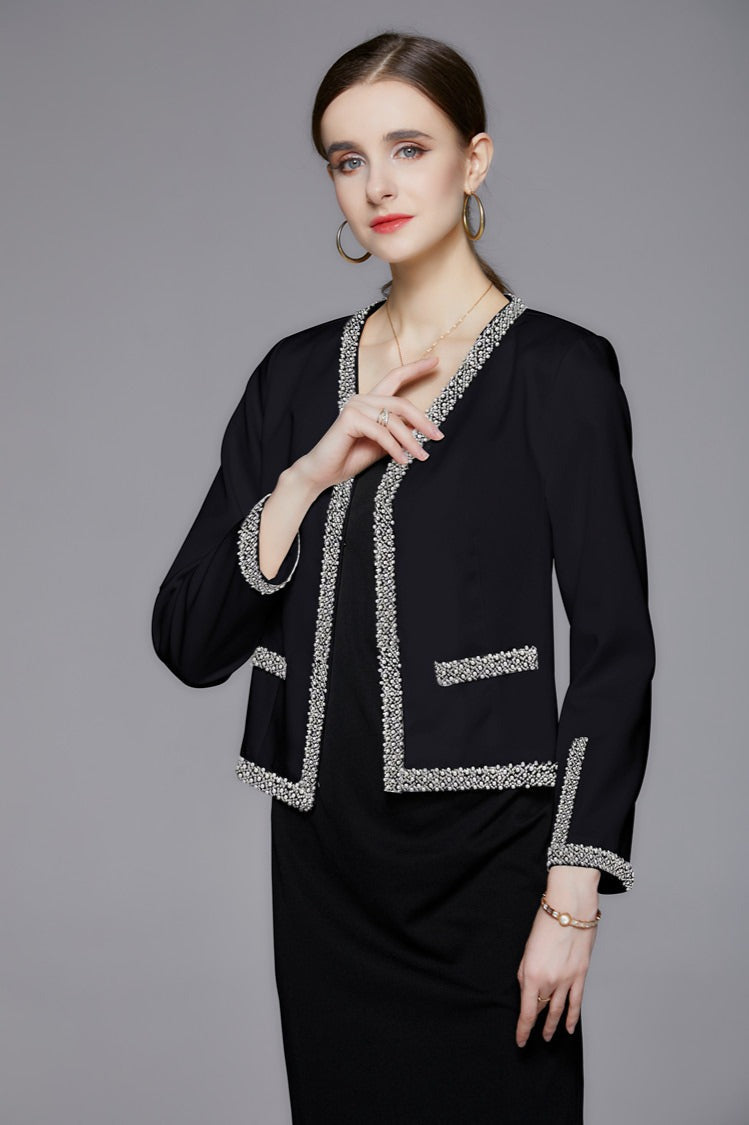 Short jacket with openings and pearls, elegant and fashionable