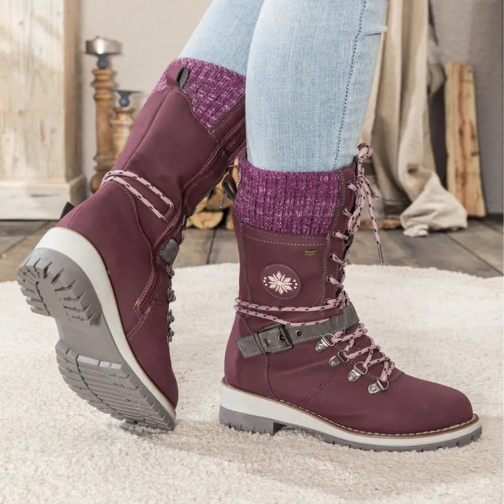 Women's Winter Lace-Up Snow Boots with Knit Cuff & Buckle - Secure Fit and Anti-Slip Sole