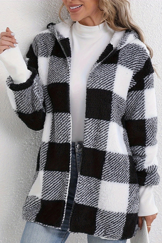 Medium-length hooded checkered coat with fleece