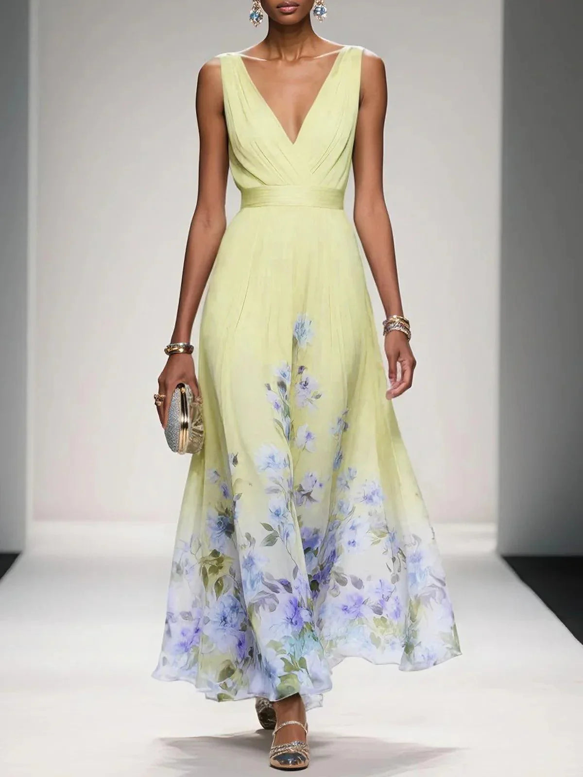 Elegant Light Blue Floral Chiffon V-Neck Sleeveless A-Line Maxi Dress