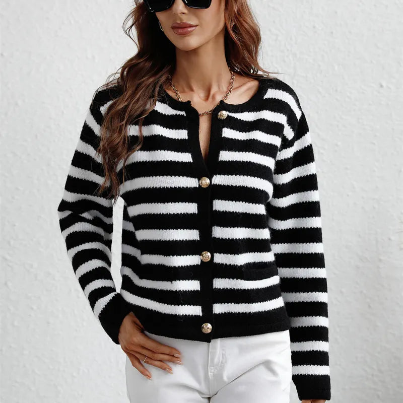 Women's Striped Button-Front Cardigan for Effortless Classic Casual Style