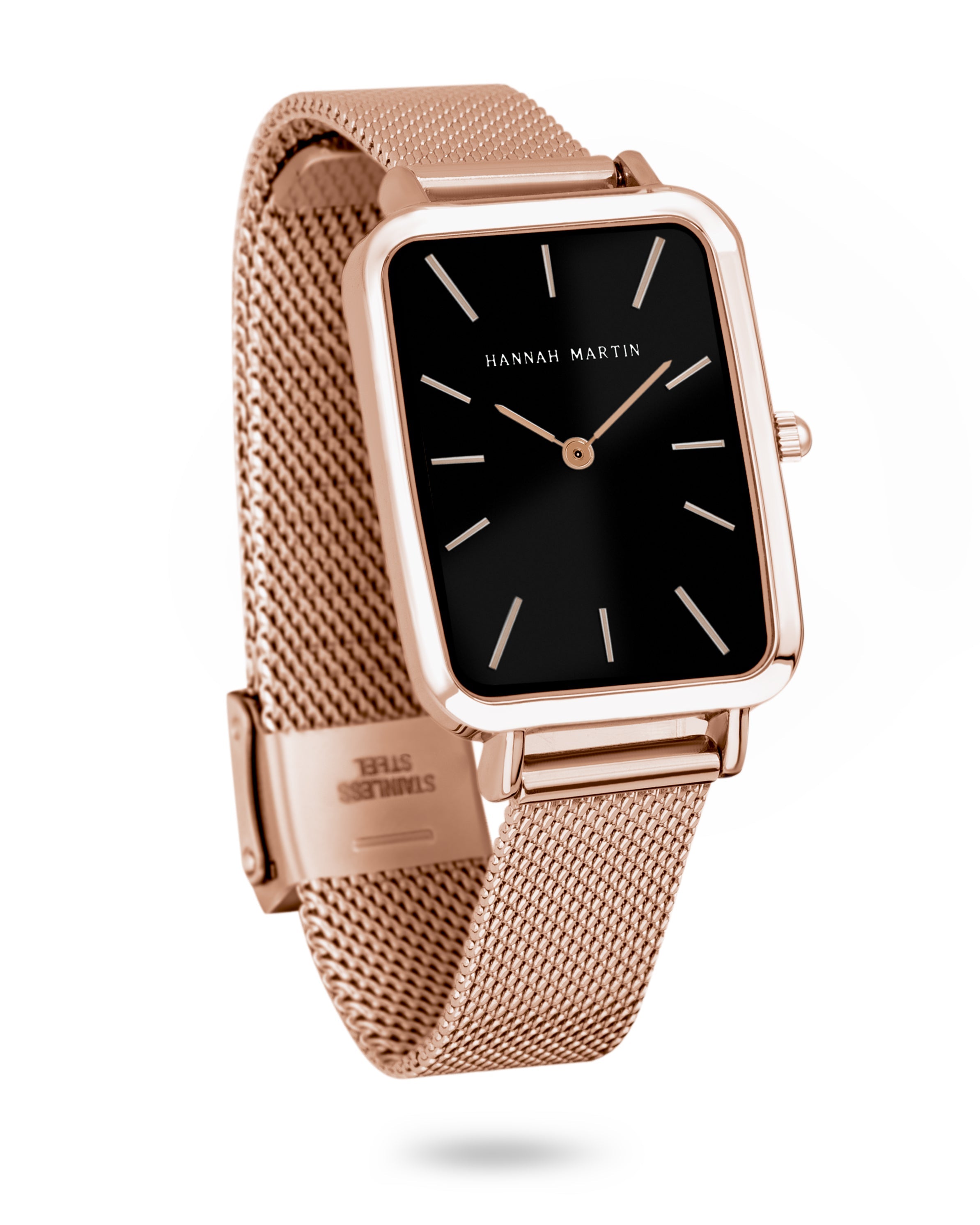 Elegant Midnight Rectangular Watch with Rose Gold Tint, Black Dial, and Mesh Band