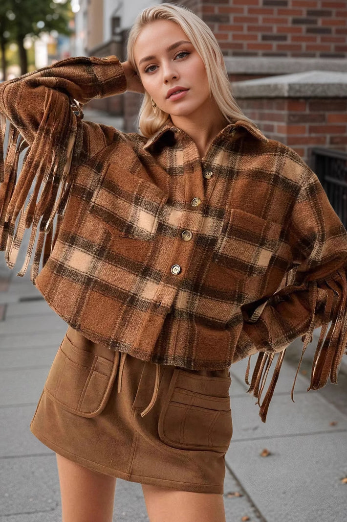 Plaid Fringed Wool Crop Jacket with Chic Elegance and Comfort
