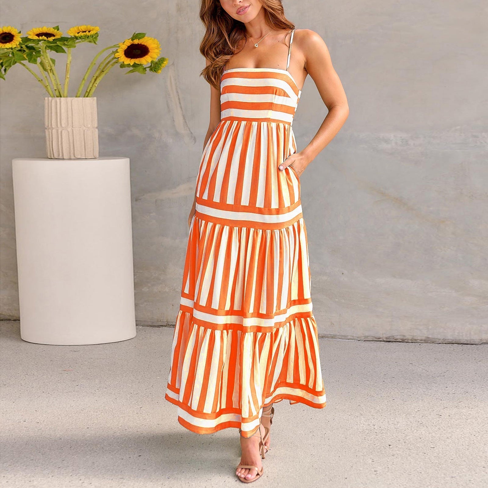 Marisol Striped Maxi Dress with Adjustable Straps and Convenient Pockets