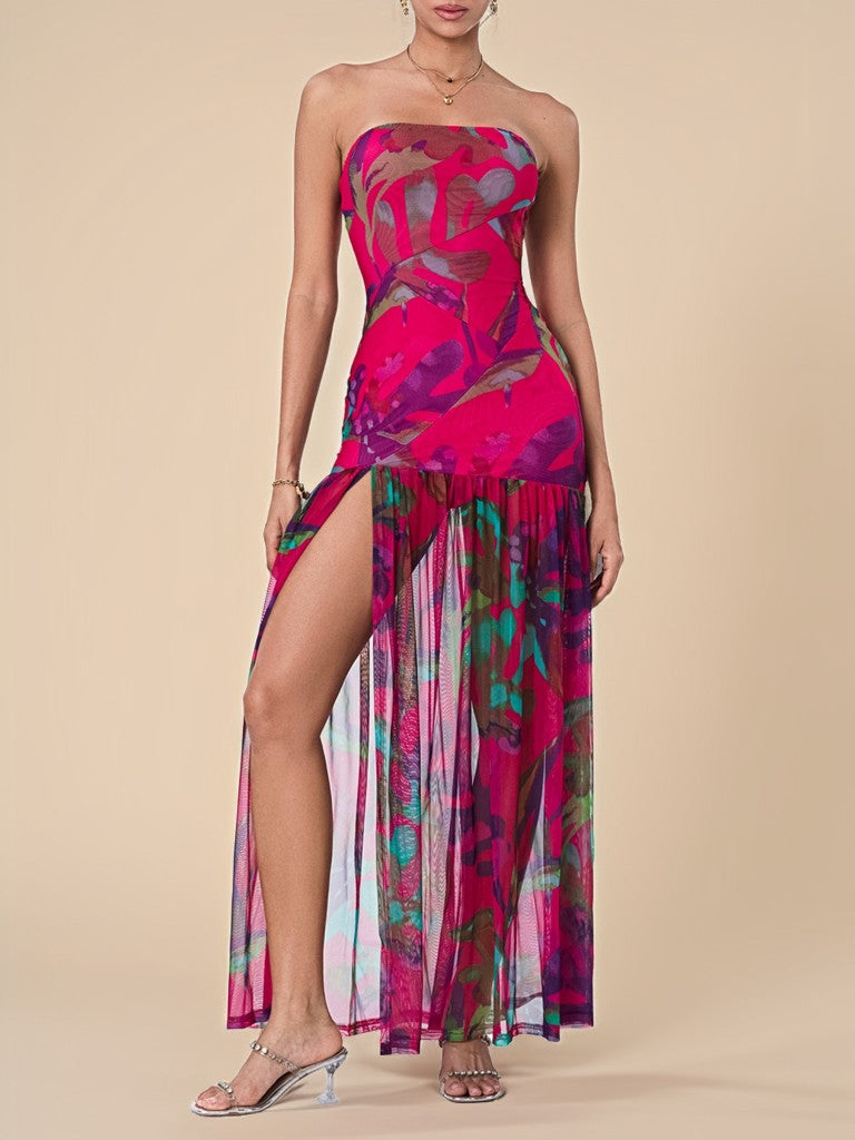 Maxi Flared Strapless Dress with Slit Skirts for an Elegant Style