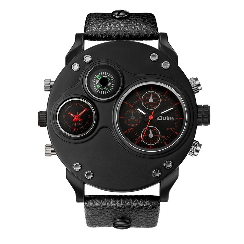Elegant Black Leather Chronograph Watch with Dual Time Zones