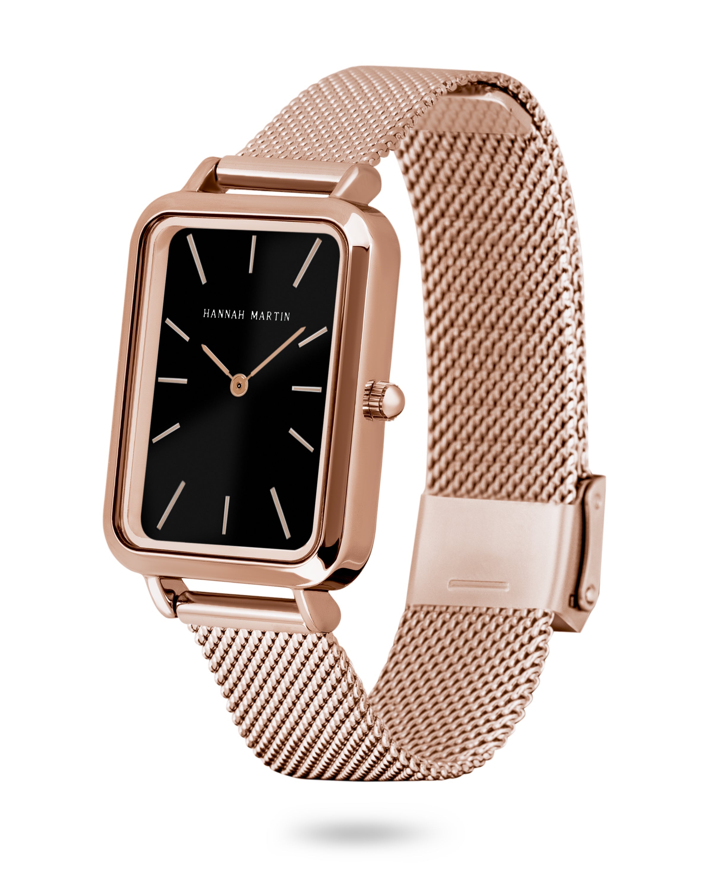 Elegant Midnight Rectangular Watch with Rose Gold Tint, Black Dial, and Mesh Band