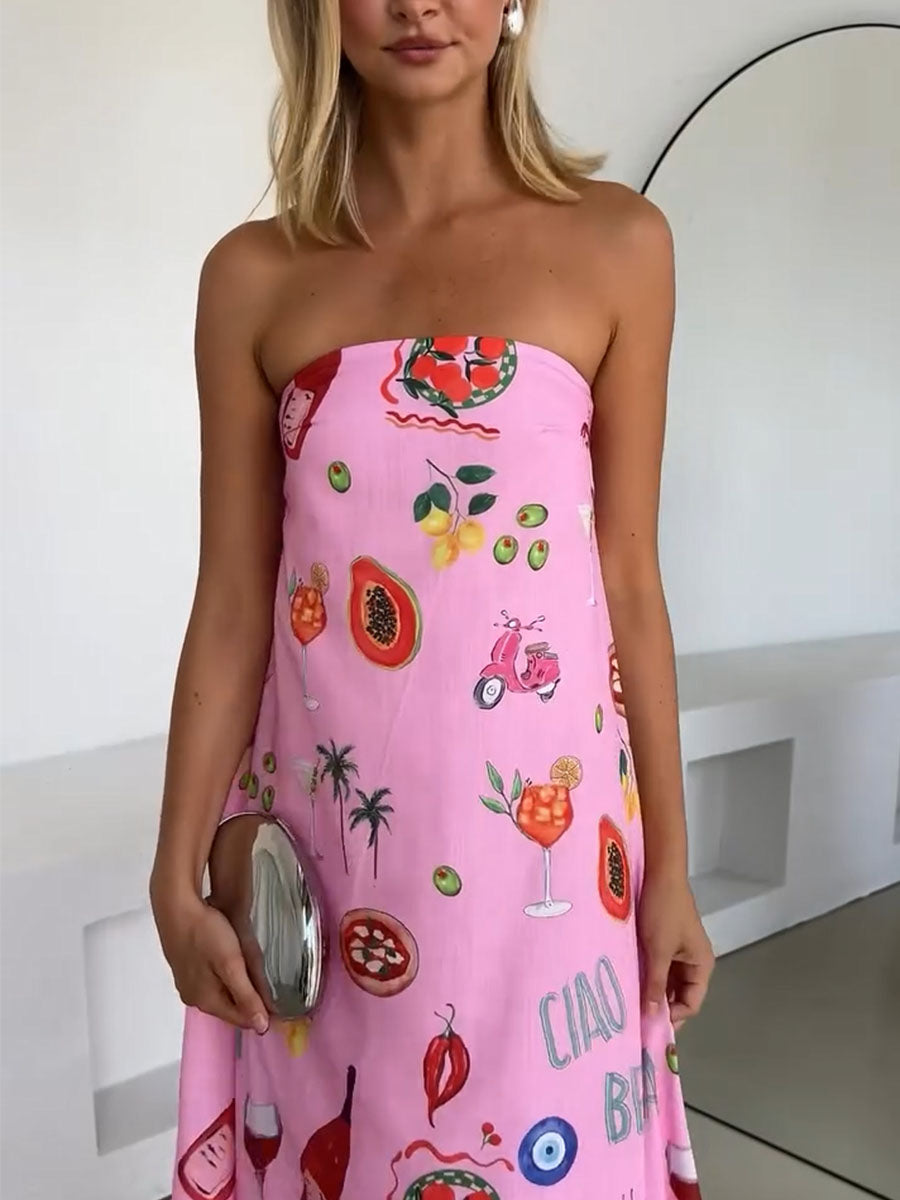 Pink Tube Summer Dress with Vacation Print for a Casual and Trendy Style