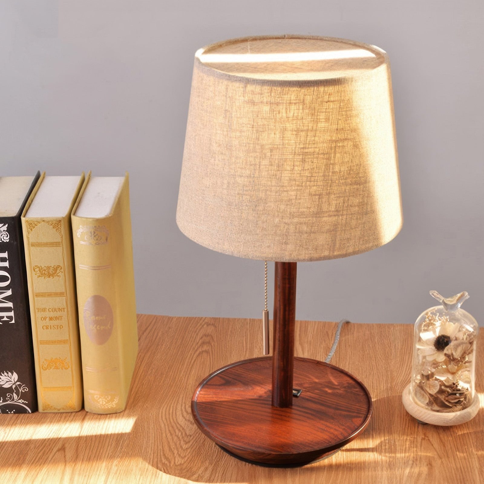 Elegant Gentle Glow Lamp made of Nordic Walnut wood with noble fabric accents