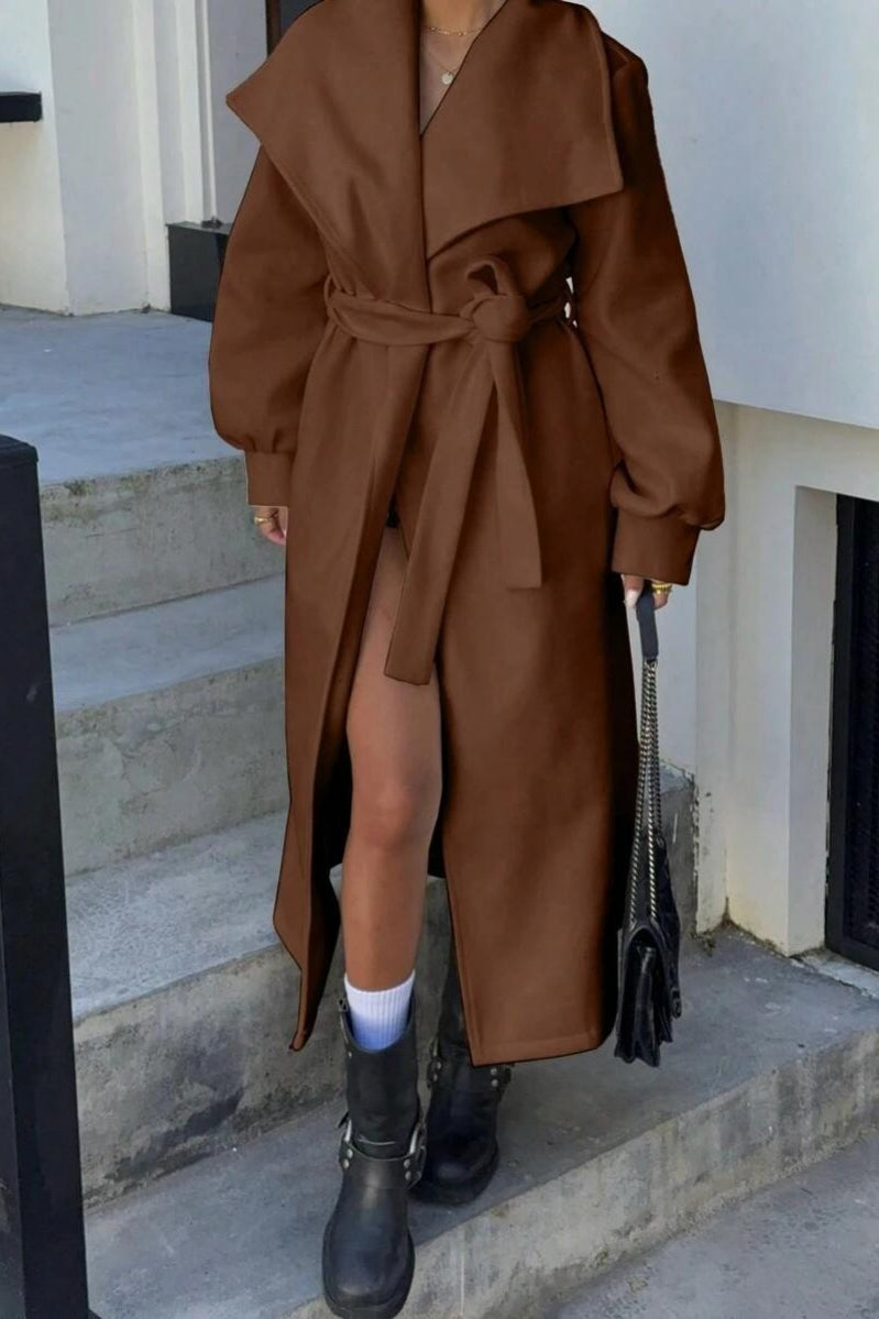 Oversized brown wool coat with elegant lapels