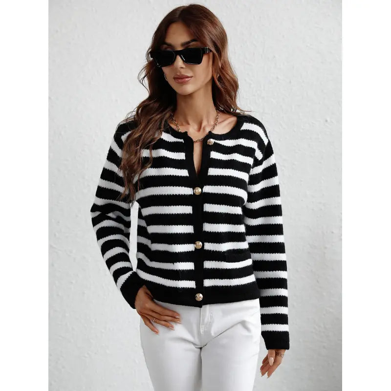 Women's Striped Button-Front Cardigan for Effortless Classic Casual Style