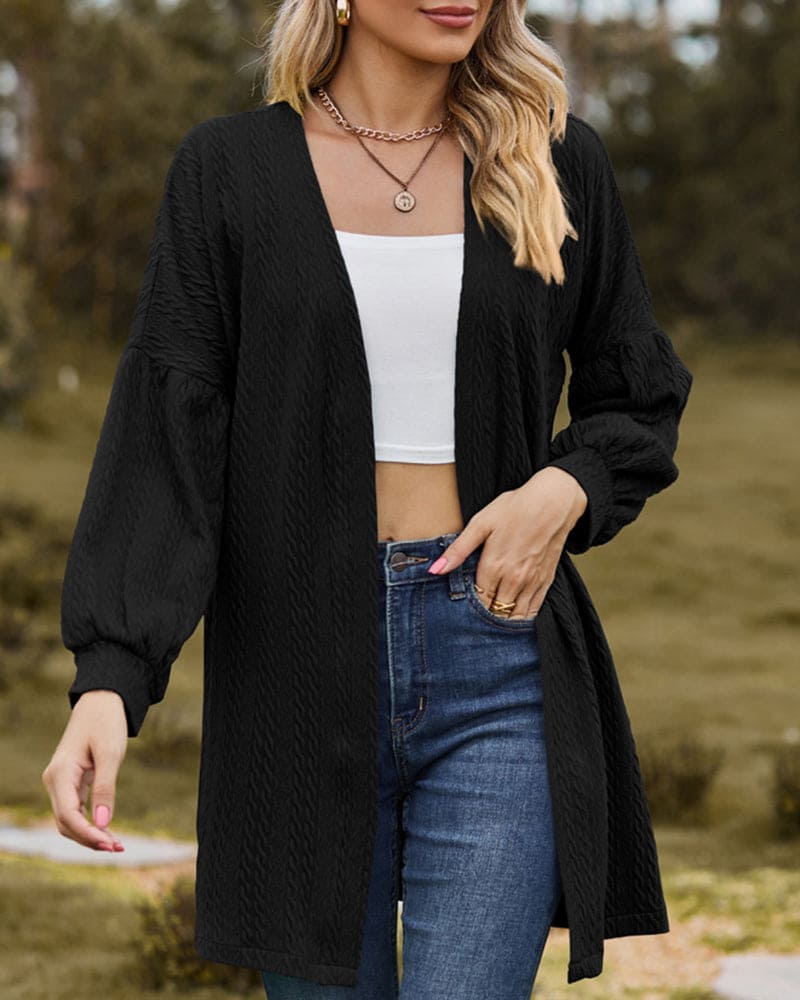 Women's Open-Front Cardigan in Textured Knit, Dramatic Long Voluminous Sleeves, Mid-Thigh Length