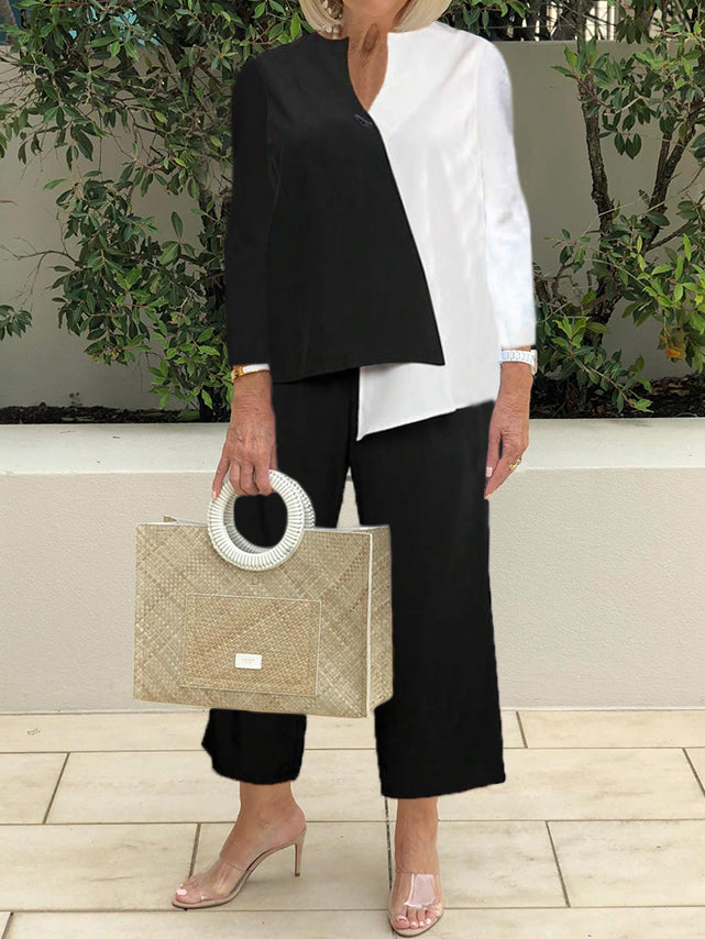 Two-Piece Set with Asymmetrical Hem Top and Pants for a Unique Style
