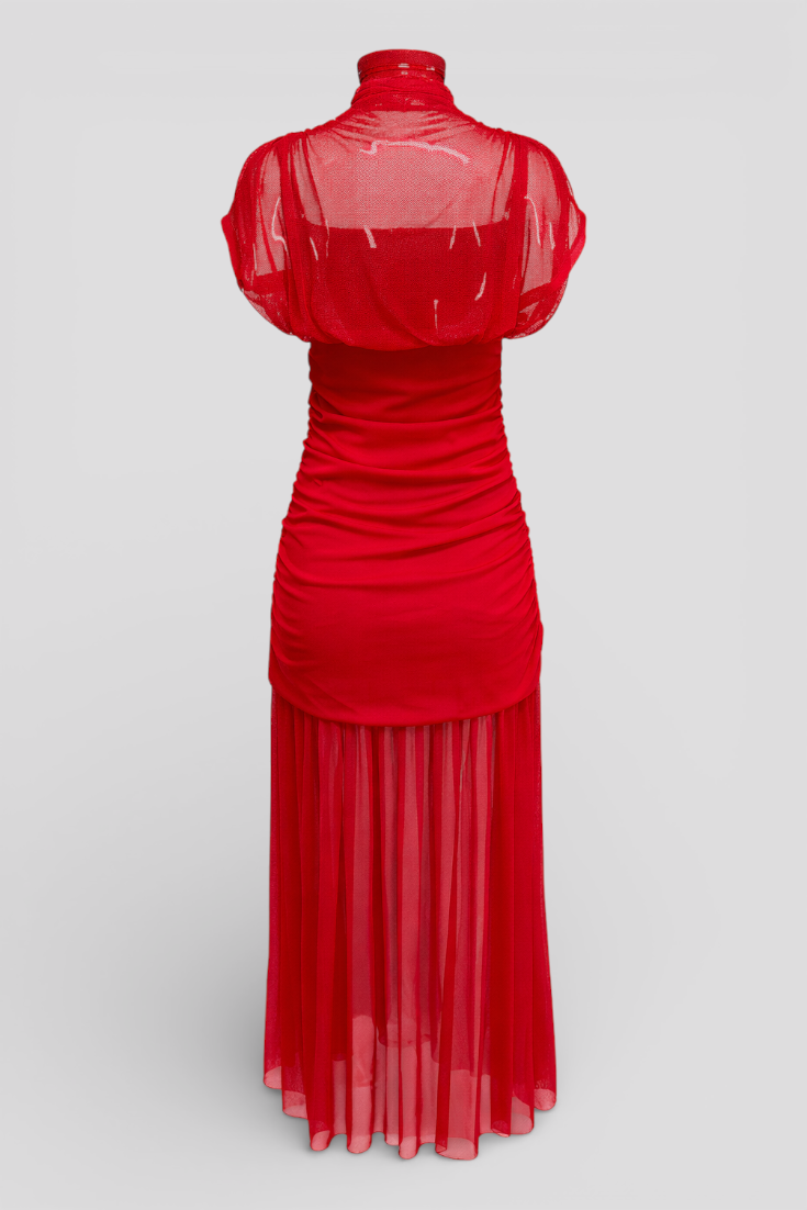 Red Pleated Mesh Bodycon Dress for an Elegantly Sexy Look