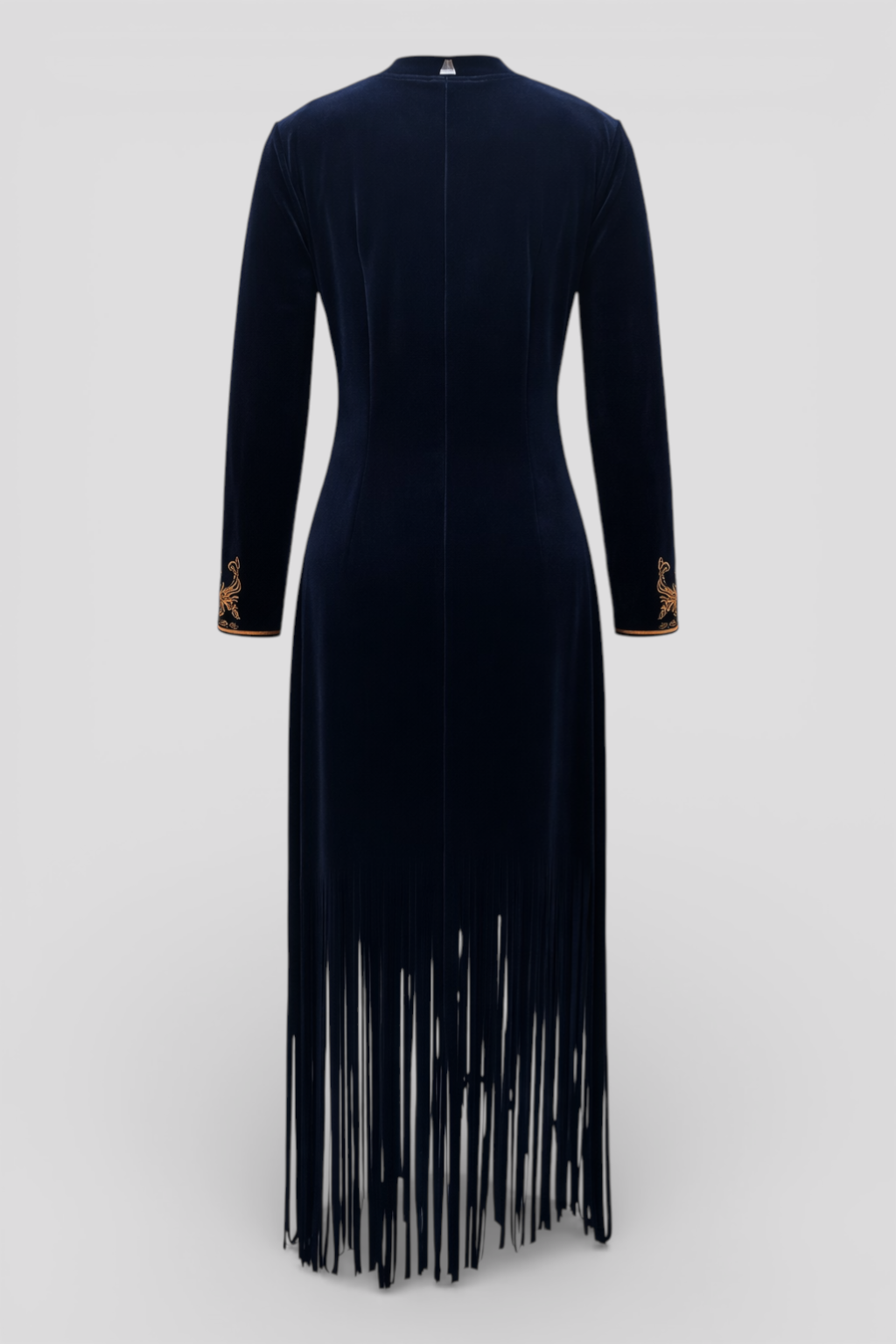 Ethnic Maxi Dress in Navy Blue with Fringes and Split Neckline
