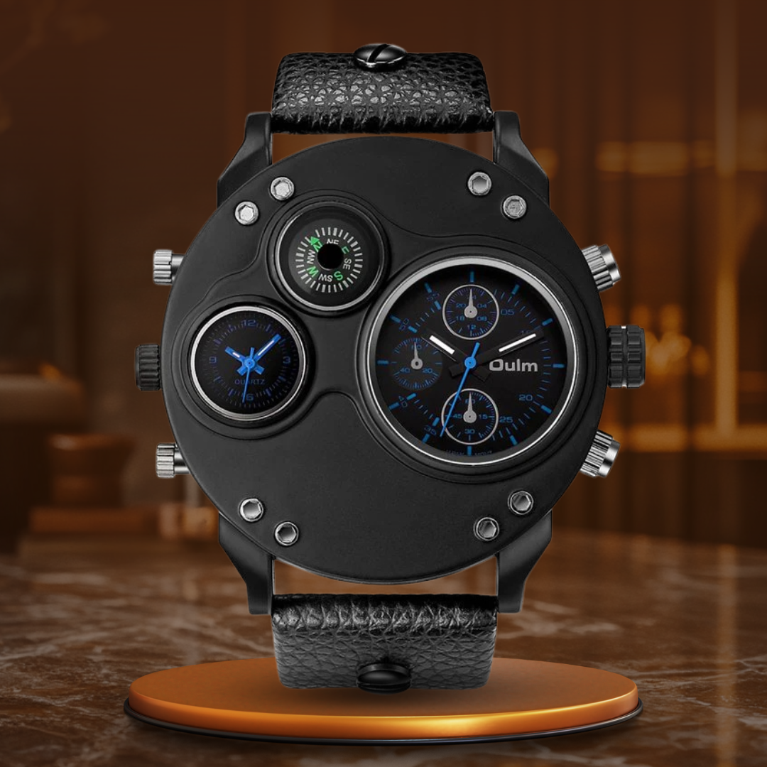 Elegant Black Leather Chronograph Watch with Dual Time Zones